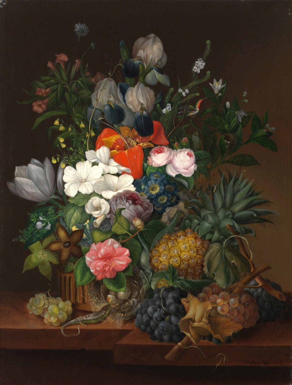 Nature morte avec un lezard et des fleurs - Still Life with a Lizard and Flowers - Johanna (Jenny) Salm-Reifferscheidt (nee comtesse Pachtova) (1780-1857). Óleo sobre tela de Johanna Salm Reifferscheidt