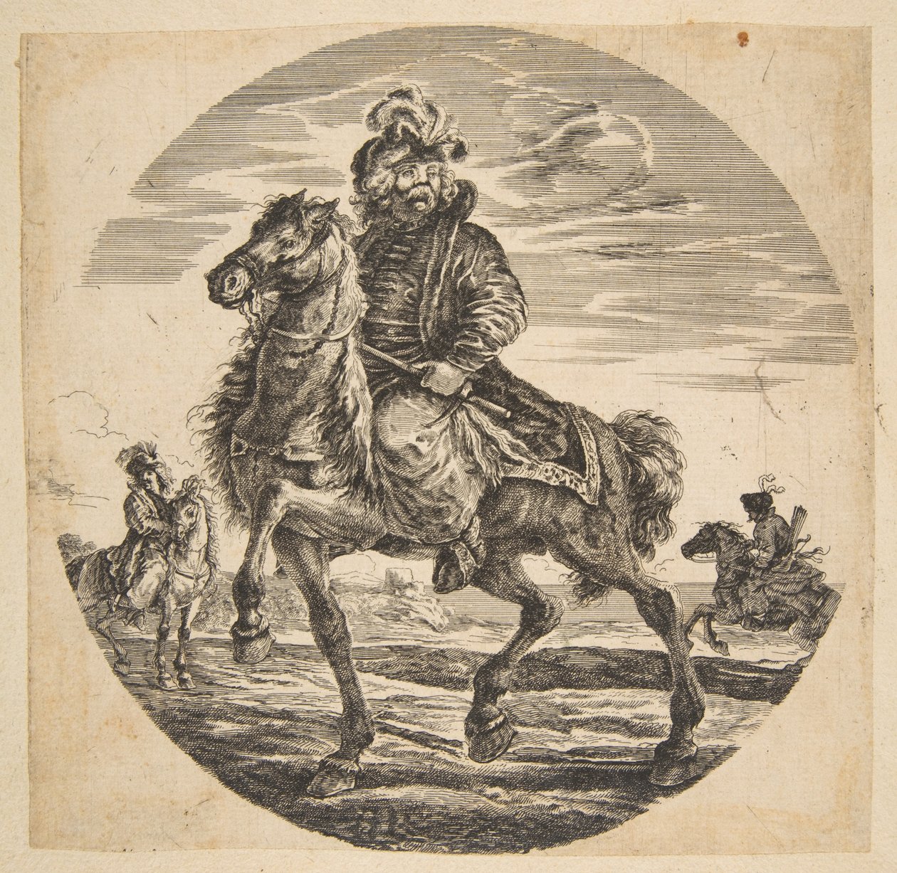 Cavaleiro húngaro cavalgando à esquerda, outros cavaleiros ao fundo, uma circular c....n.d. de Johanna Christina Küsel