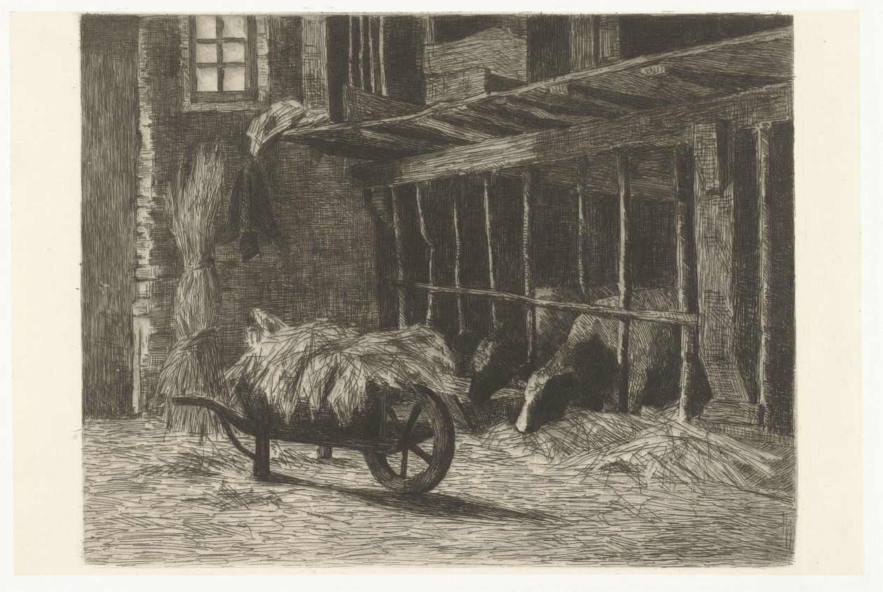 Interior de estábulo com vacas e carrinho de mão com feno de Johanna Henriëtte Besier