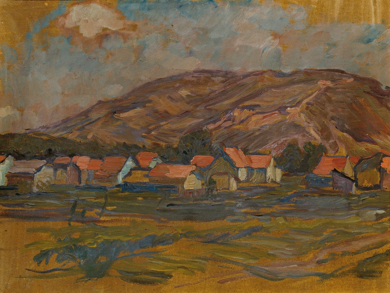 Paisagem com casas e montanha de Johanna Kampmann Freund