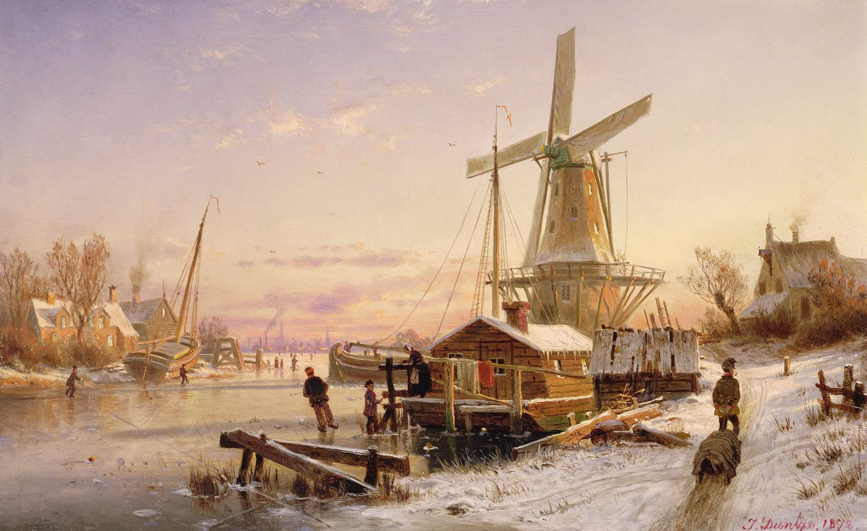 Cena de inverno com um moinho de vento, 1892 de Johannes Bartolomaus Duntze