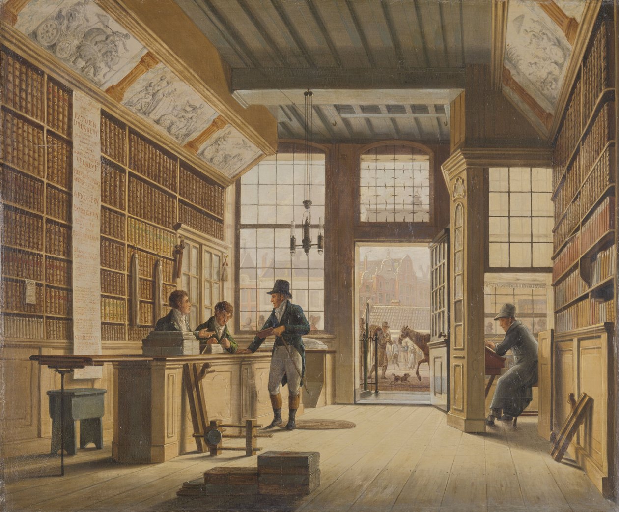 O negociante da loja do livro Pieter Meijer Warnars no Vijgendam em Amsterdão, 1820 de Johannes Jelgerhuis