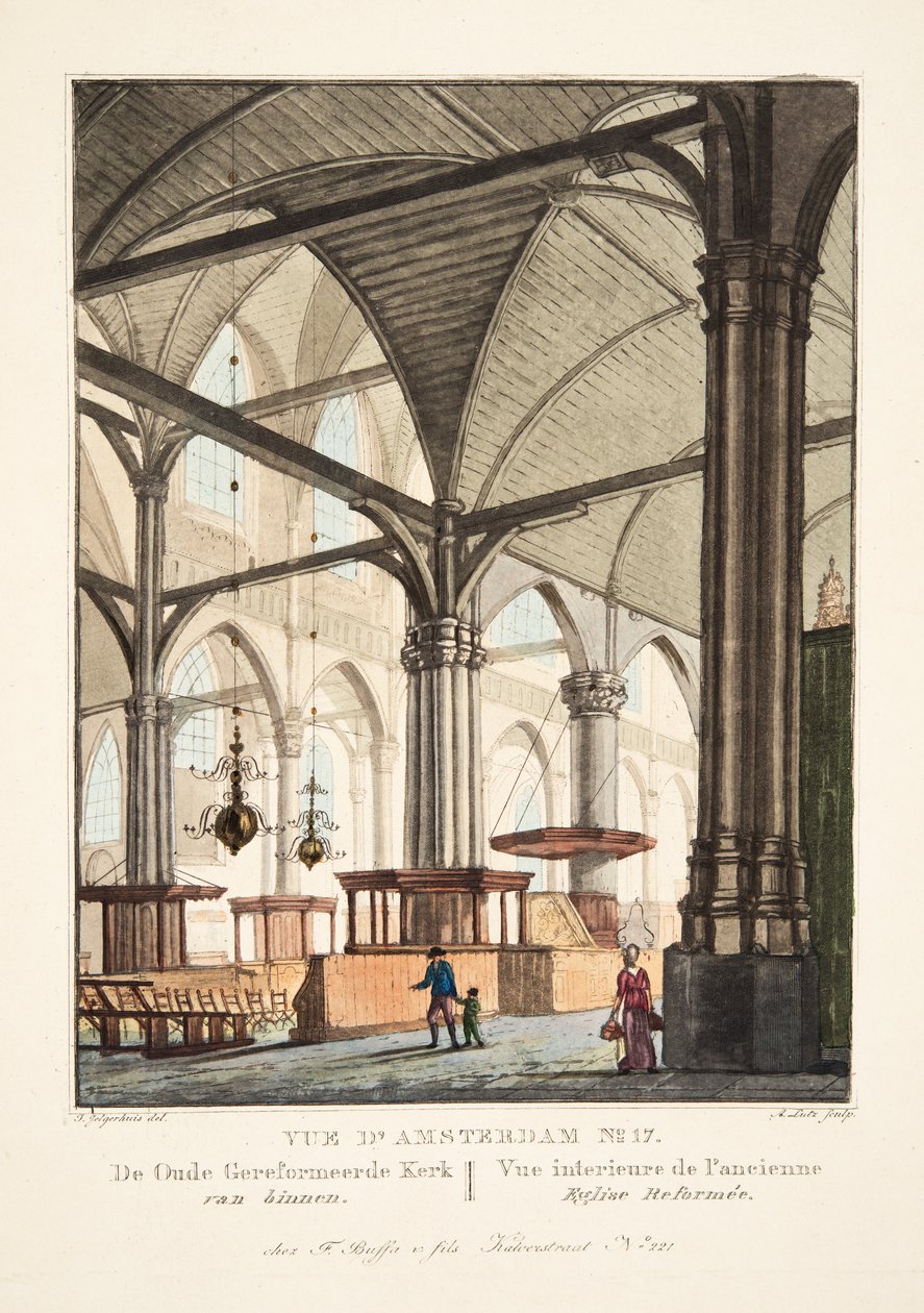 Vue d&39;Amsterdam No.17. A velha Igreja Reformada dentro. Vue interière de l&39;ancienne Eglise Reformée, 1825 (gravura colorida à mão) de Johannes Jelgerhuis