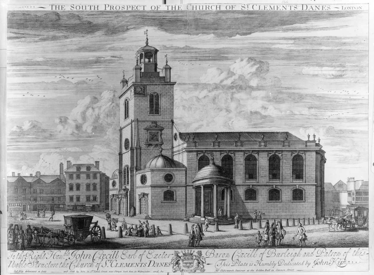 A perspectiva do sul da igreja de St. Clements dinamarqueses, Londres de Johannes Kip