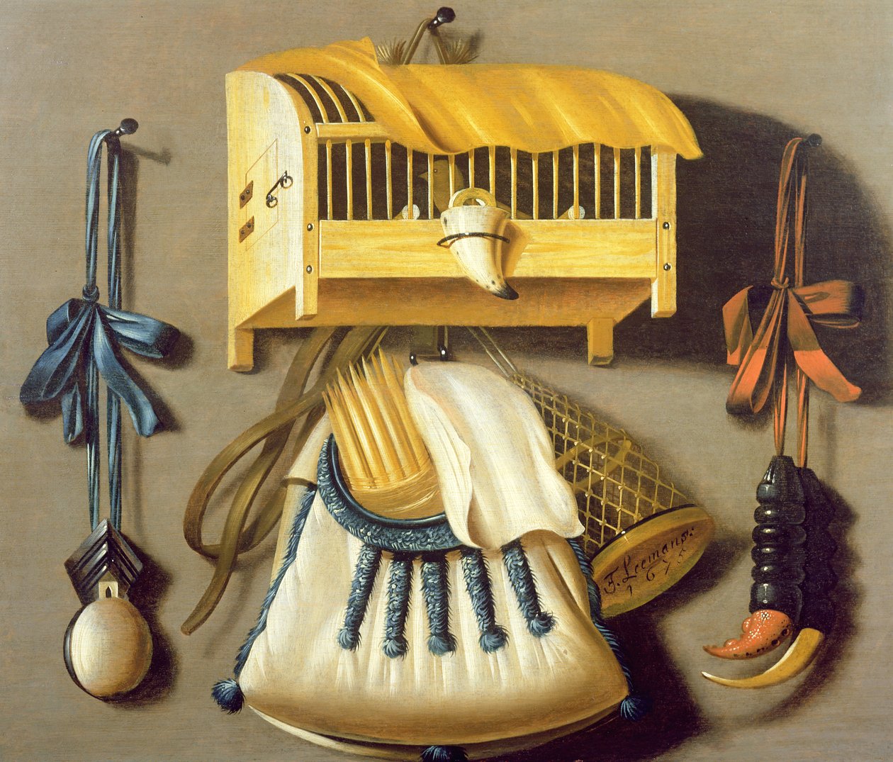 Trompe l&39;oeil de equipamento de caça e uma gaiola de Johannes Leemans