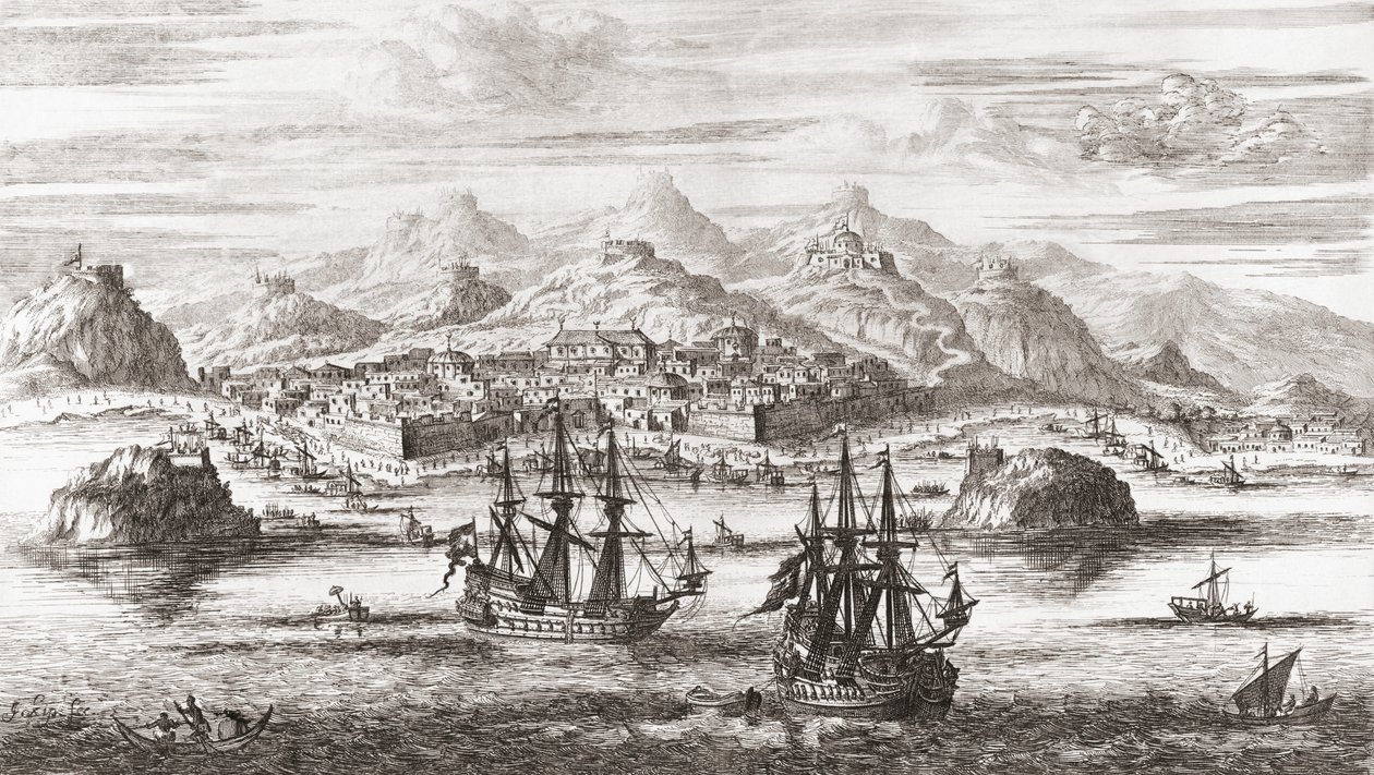 Navios holandeses em frente de Moscatel, Omã no século XVII (impressão) de Johannes (after) Kip