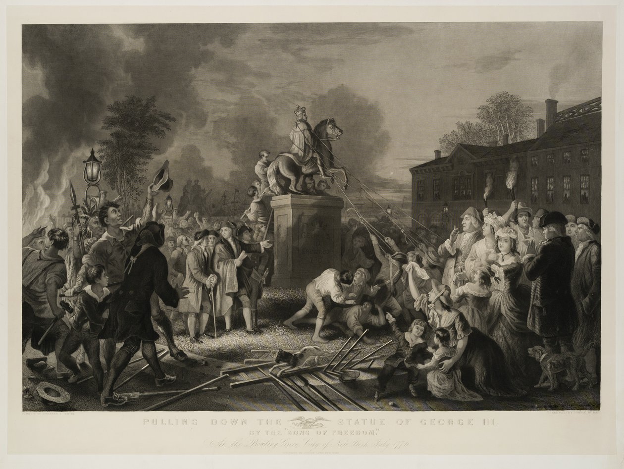 Puxando para baixo a estátua de George III, pelos filhos da liberdade, no Bowling Green, cidade de Nova York, julho de 1770, gravado por John C. McRae, depois de 1853 de Johannes Adam Simon Oertel