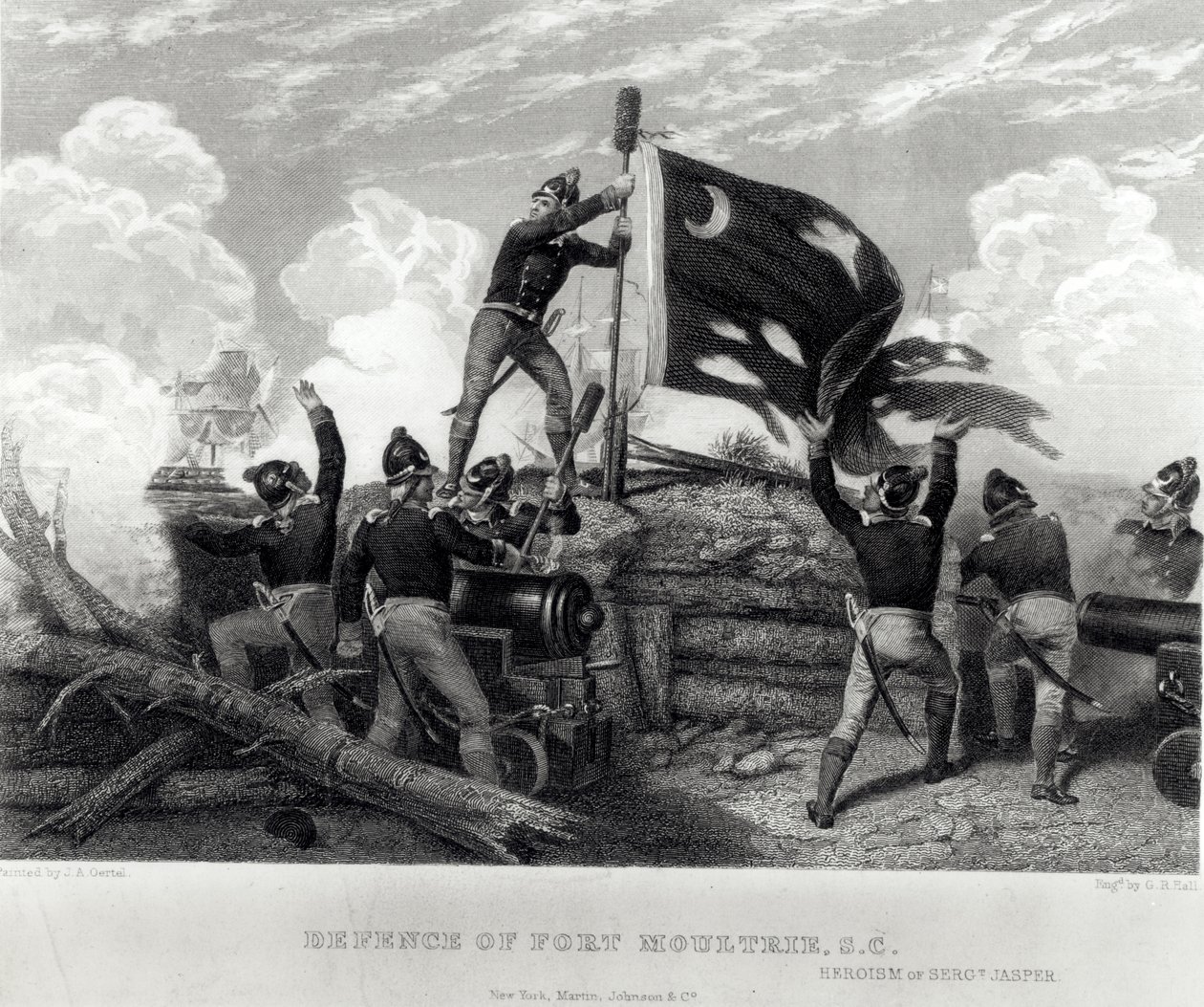 O heroísmo do sargento William Jasper em defesa de Fort Moultrie, Carolina do Sul, em 12 de maio de 1780, gravado por GR Hall de Johannes Adam Simon Oertel