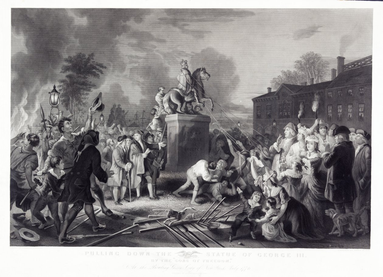 Descendo a Estátua de George III pelos Filhos da Liberdade, no Bowling Green, Cidade de Nova York, julho de 1776, pub. 1875 de Johannes Adam Simon after Oertel