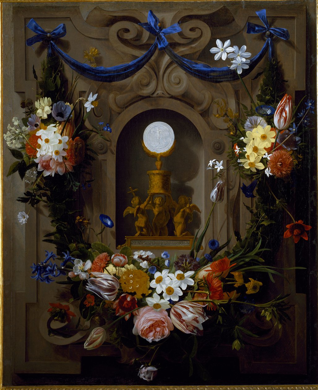 Eucaristia em uma grinalda de flores (óleo sobre tela de Johannes Antonius van der Baren