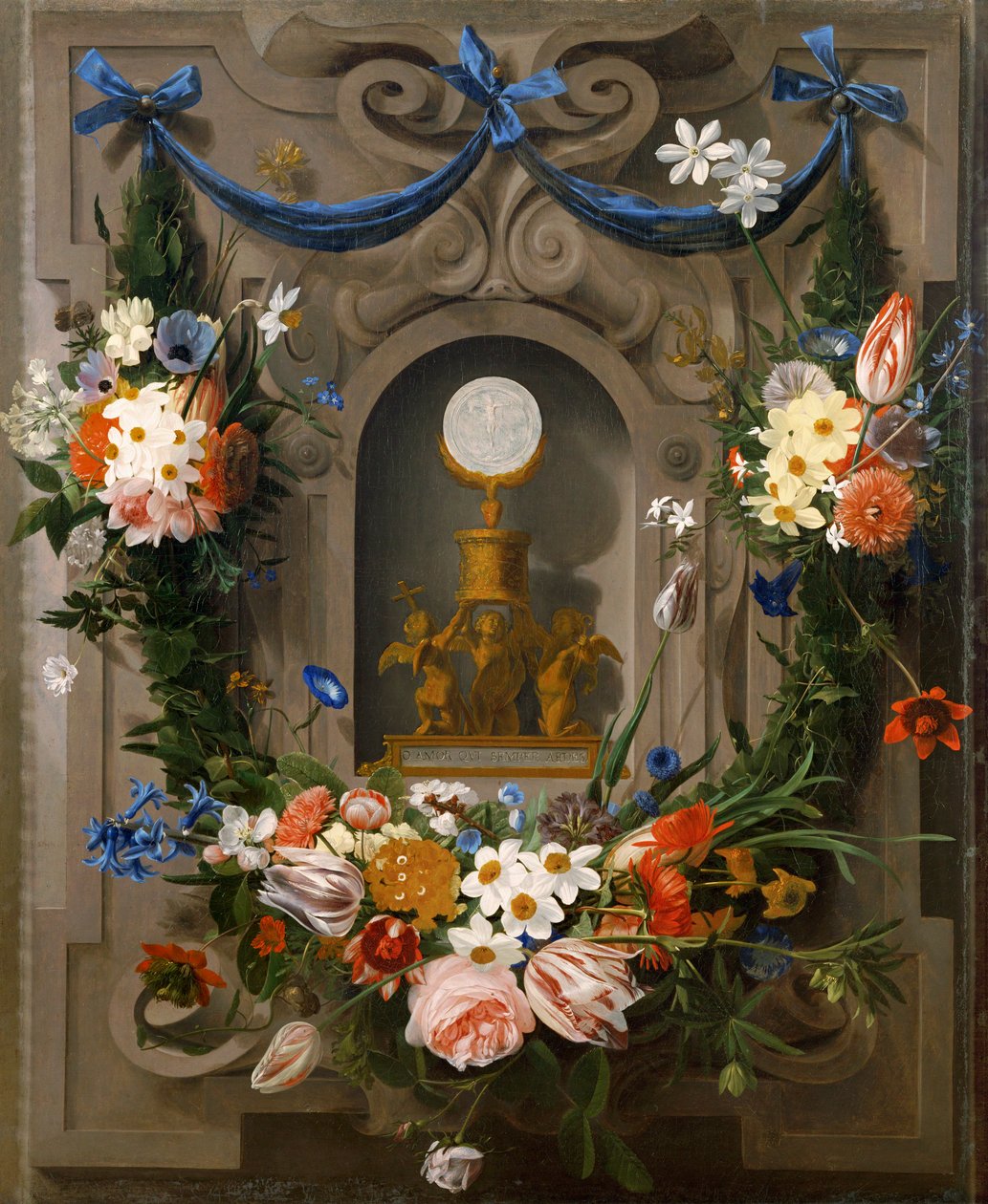 A Eucaristia rodeada de flores (óleo sobre tela) de Johannes Antonius van der Baren