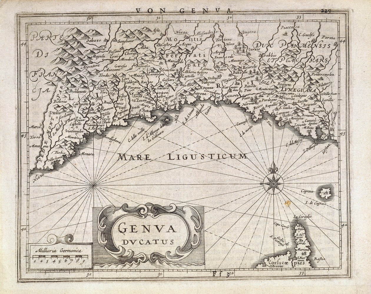 Ducado de Génova, Mapa de Jan Baptist Vrients do atlas alemão, Gravura em cobre, metade do século XVII de Johannes Baptista Vrints