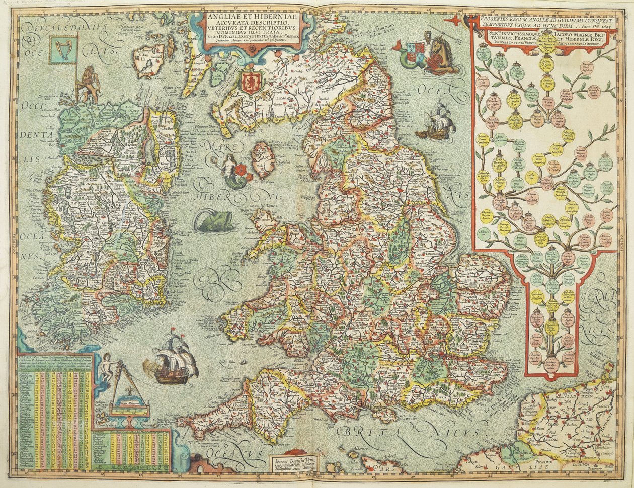 Mapa de Inglaterra e Irlanda desenhado em 1606 (gravura a cores) de Johannes Baptista Vrints