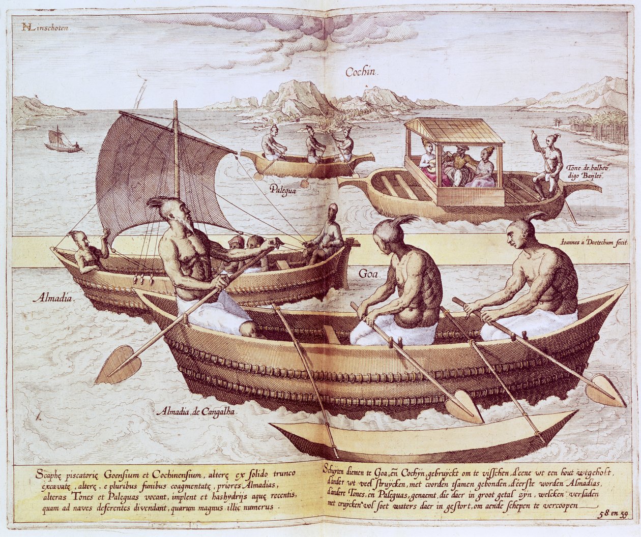 Barcos em Goa, ilustração de &39;Jan Hughen van Linschoten, seu discurso de viagens para o leste e oeste das Índias&39;, 1579-92 de Johannes Baptista van Doetechum the Younger