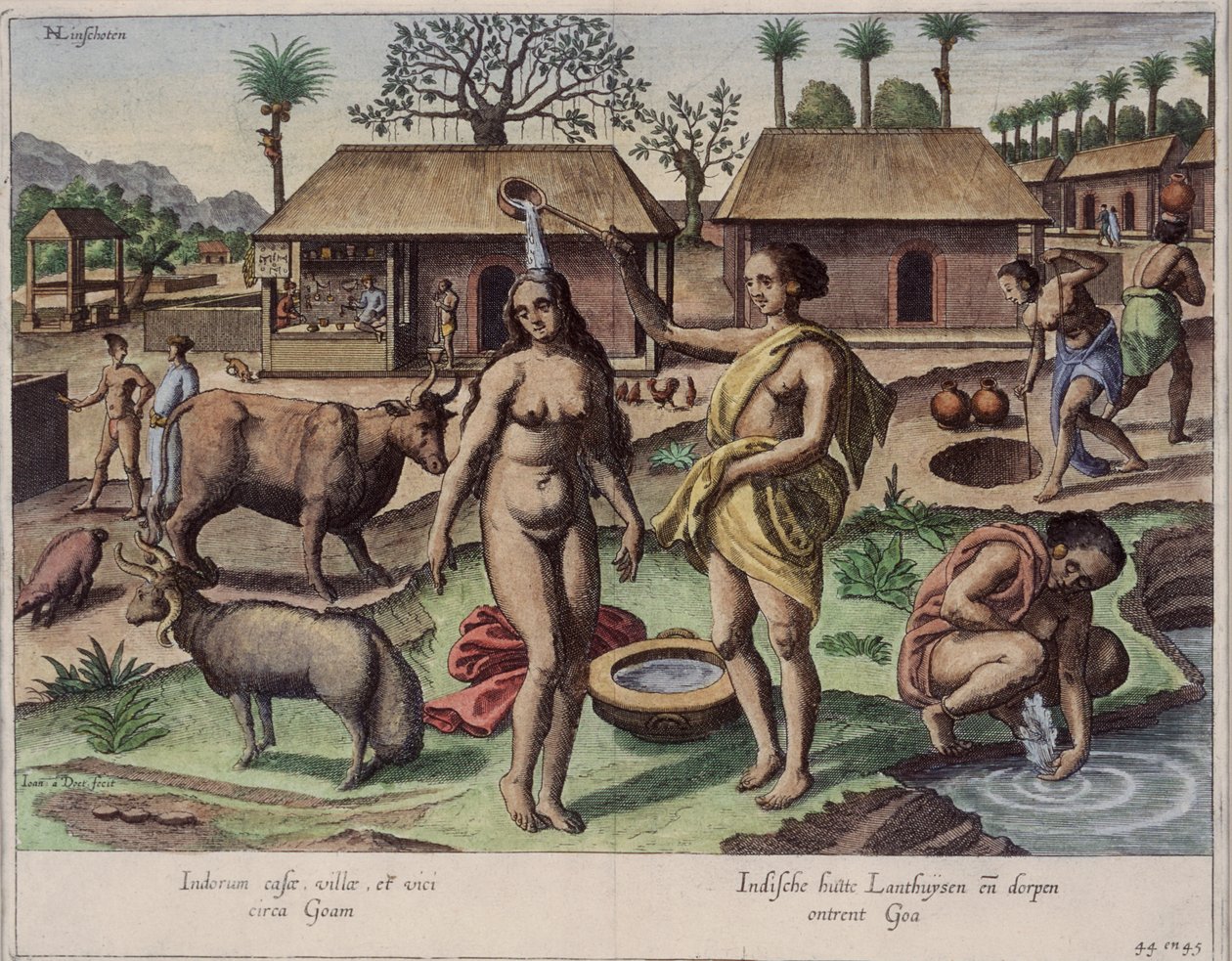 A vida em Goa, ilustração de &39;Jan Huyghen van Linschoten, seu discurso de viagens para o leste e as Índias Ocidentais&39;, 1579-92 (gravura a cores) de Johannes Baptista van Doetechum the Younger