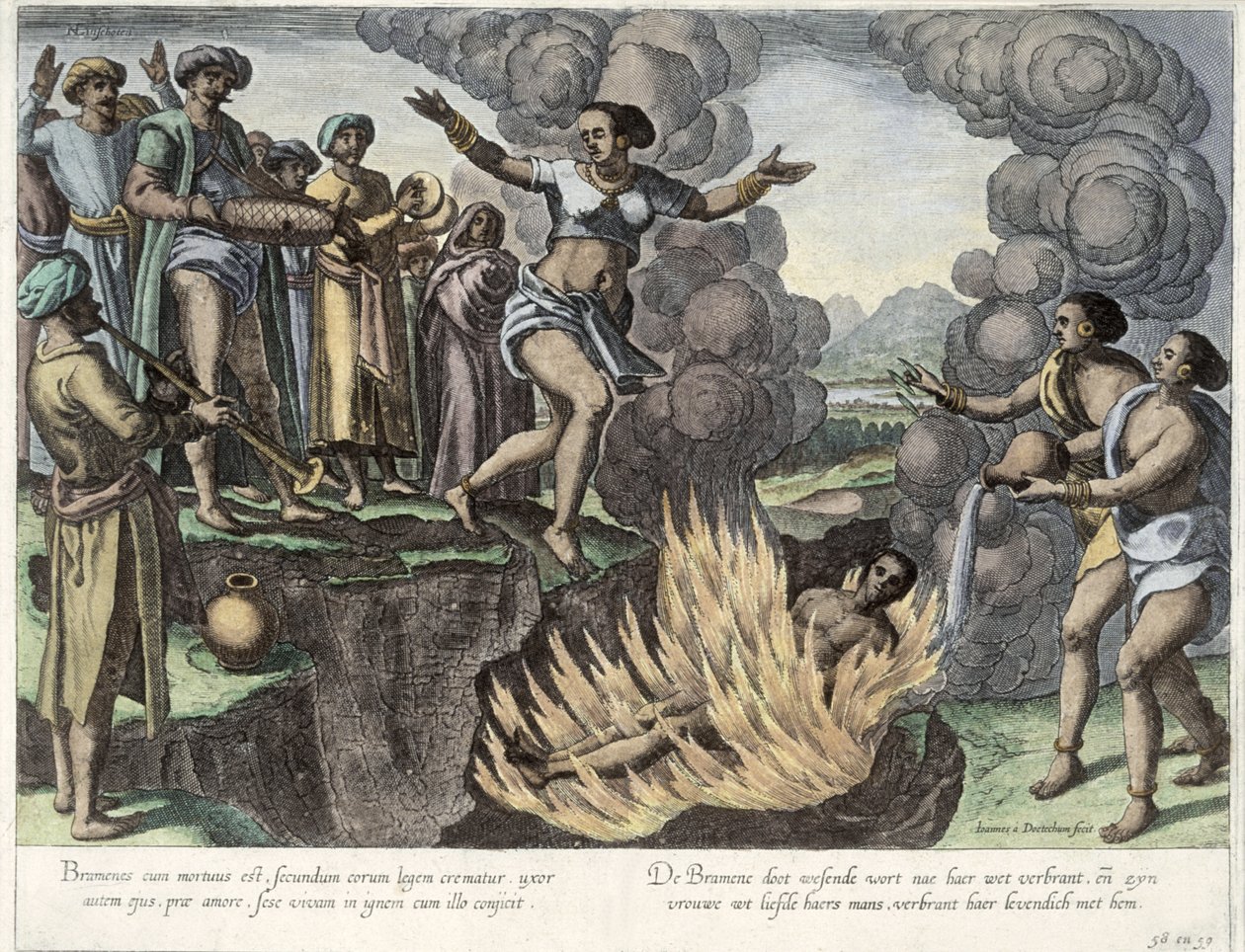 Sati, ilustração de &39;Jan Huyghen van Linschoten, seu discurso de viagens para o leste e as Índias Ocidentais&39;, 1579-92 (gravura a cores) de Johannes Baptista van Doetechum the Younger