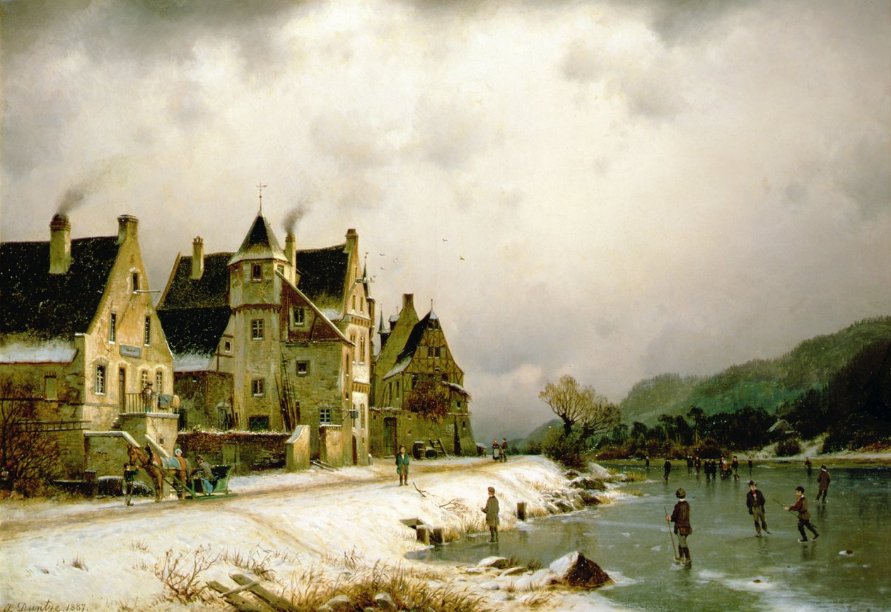 Uma paisagem fluvial de Inverno com figuras a patinar no gelo por uma aldeia (óleo sobre tela) de Johannes Bartolomaus Duntze