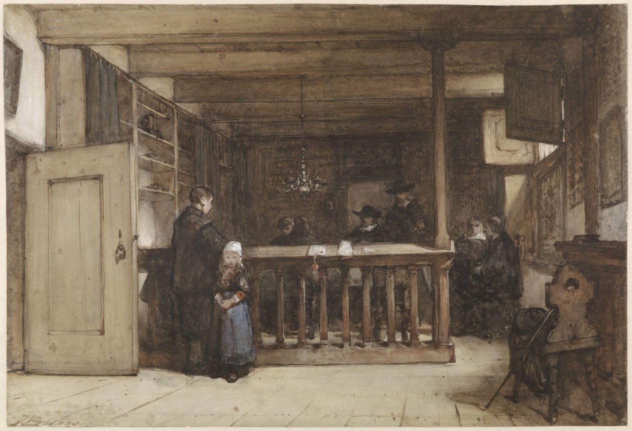 Dia de pagamento: Câmara dos vereadores no tribunal em Nieuw-Loosdrecht, decorado com figuras do século XVII de Johannes Bosboom