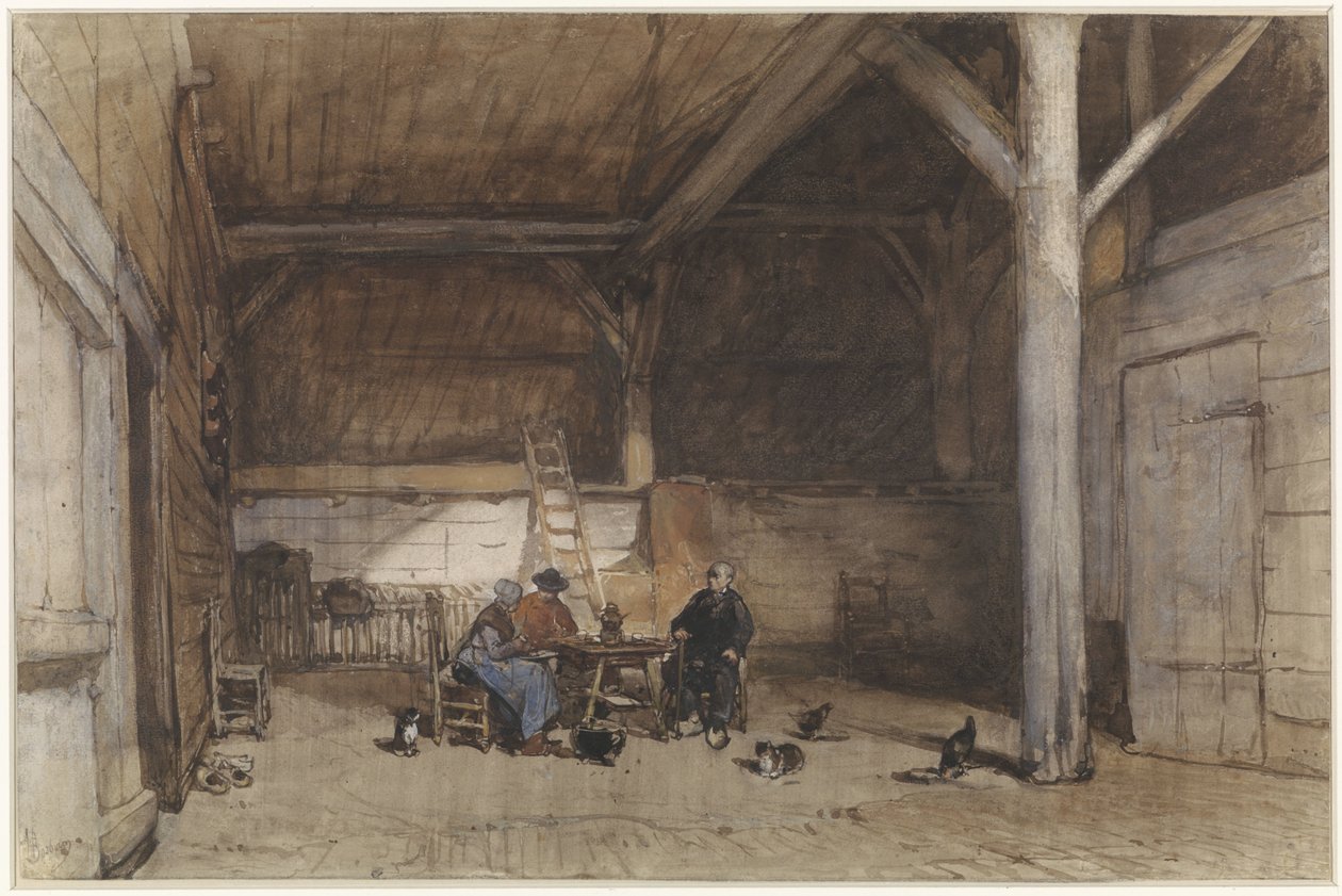 Interior do agricultor com dois homens e uma mulher à mesa, além de algumas galinhas e gatos de Johannes Bosboom
