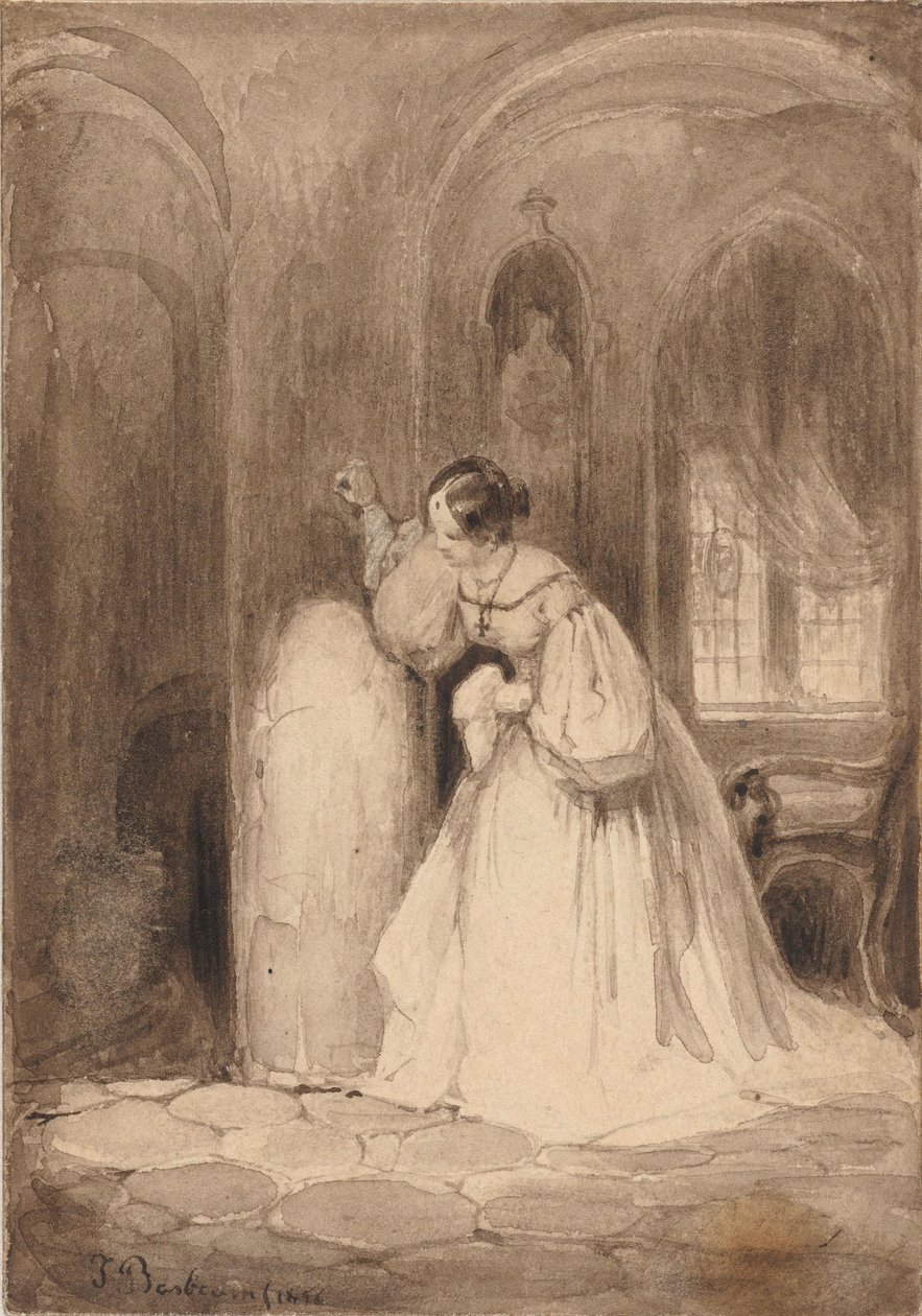 Interior com mulher de pé perto de uma coluna de Johannes Bosboom