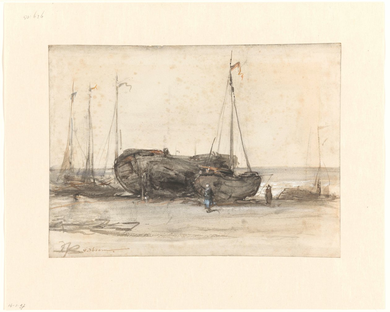 Barcos de pesca na praia de Scheveningen de Johannes Bosboom
