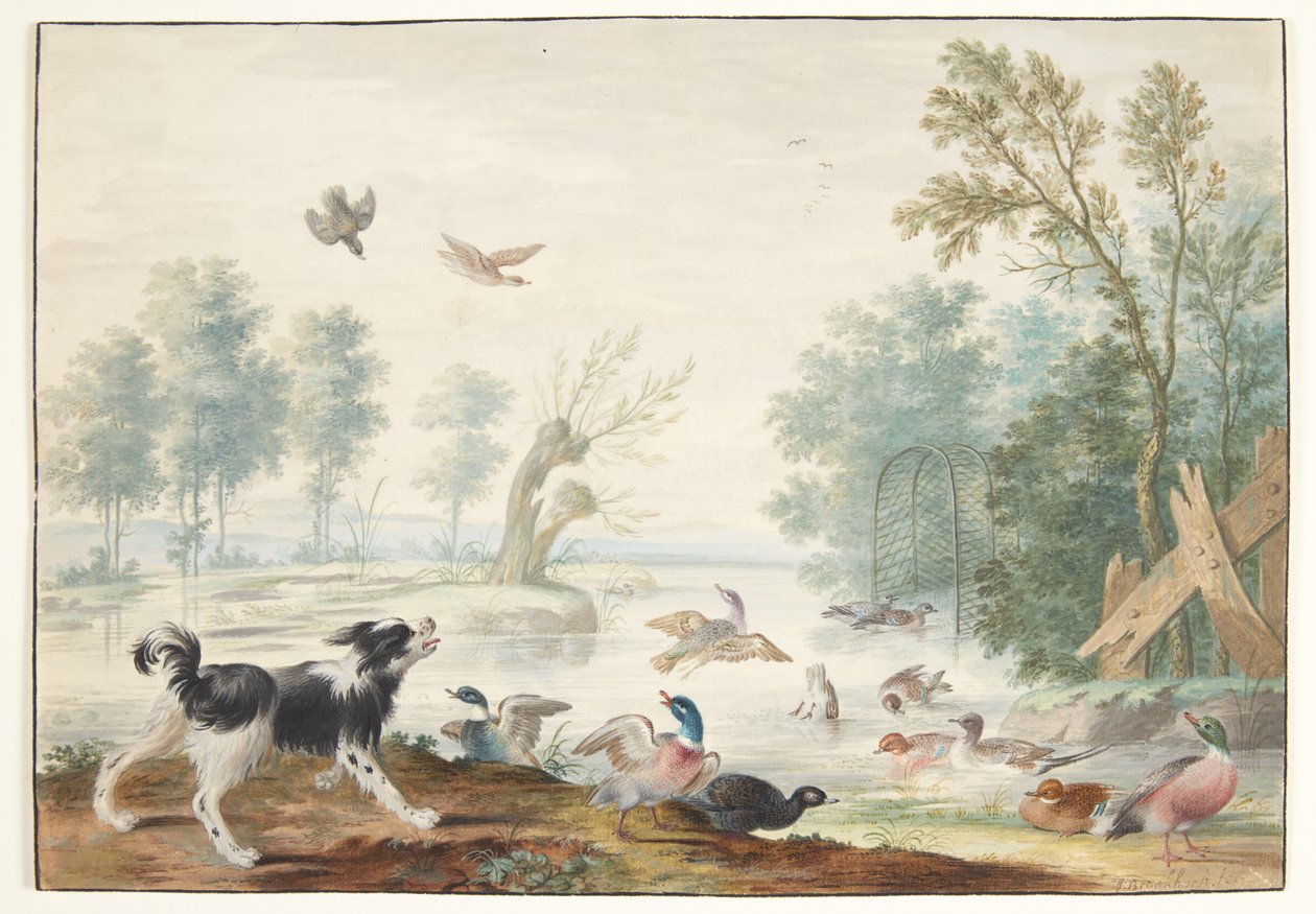 Um cachorro e patos à beira do lago de Johannes Bronckhorst