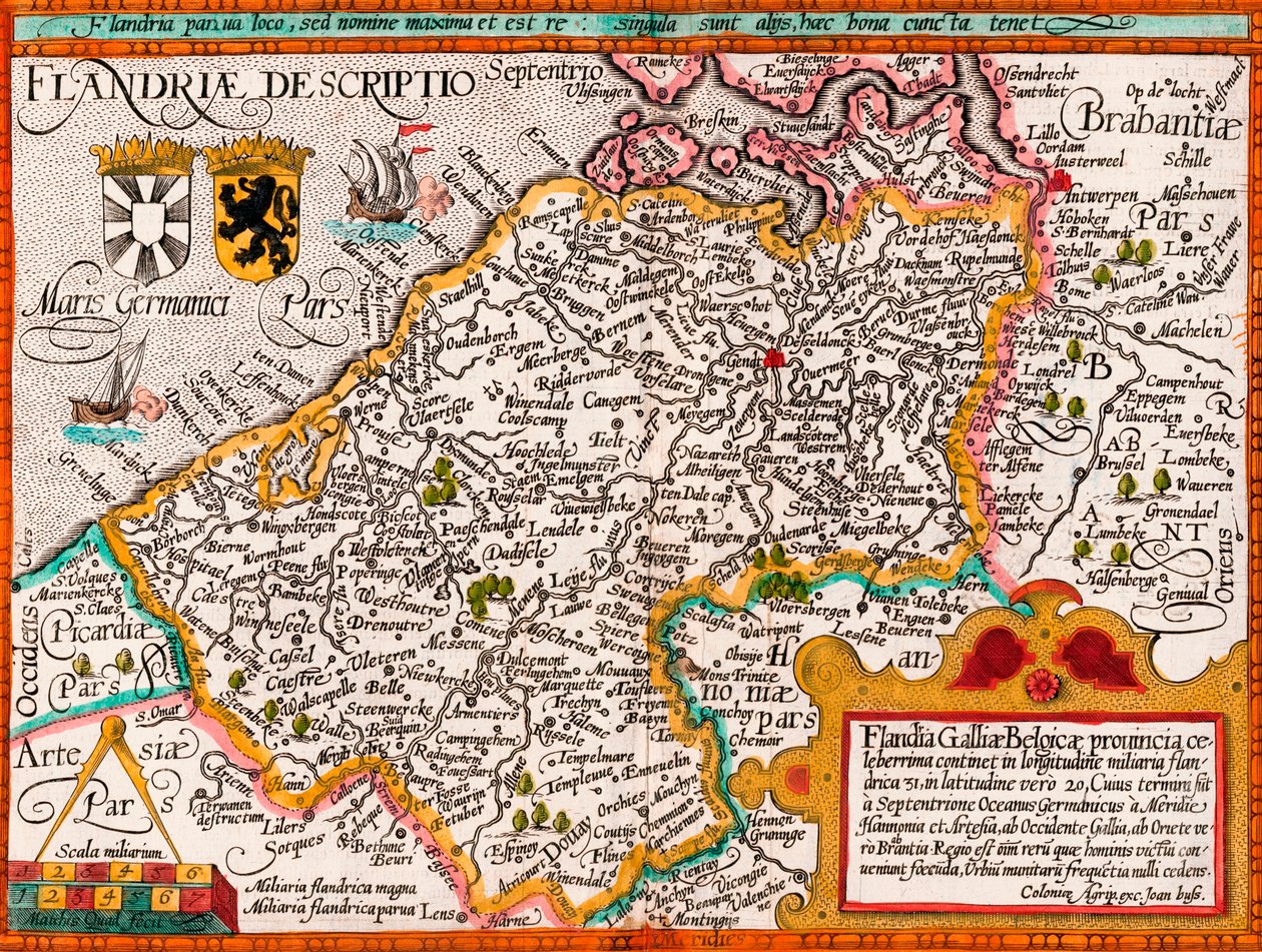 Mapa de Flandres, após o cartógrafo Matthias Quad de seu &39;Fasciculus Geographicus&39;, mais tarde coloração manual (gravura colorida) de Johannes Bussemacher