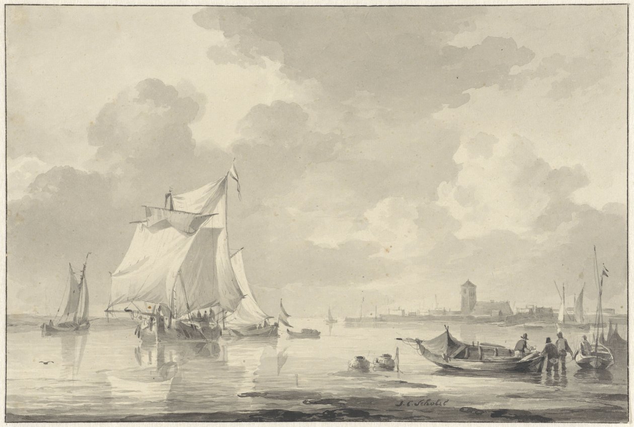 Vista para o rio com alguns navios, ao fundo uma cidade ao longe de Johannes Christiaan Schotel