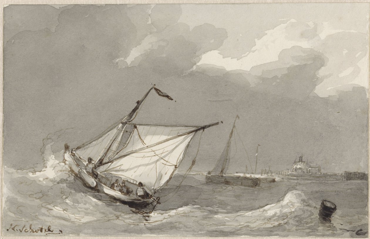 Barco de pesca em mar agitado, com uma vila à frente de Johannes Christiaan Schotel