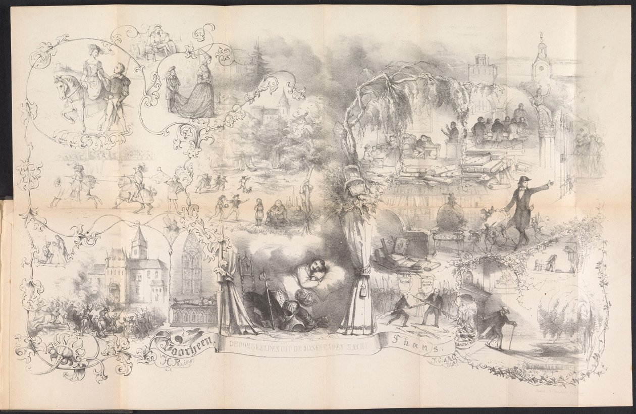 Desenho animado em Leiden Student Almanac, 1856
Imagens de sonho da noite da mascarada (título sobre o objecto) de Johannes Christiaan d