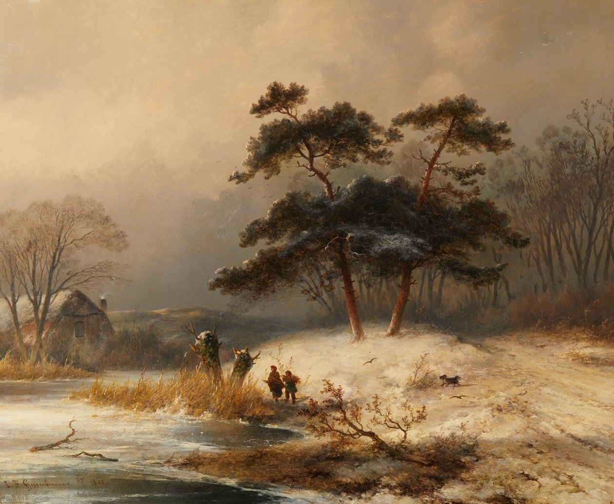O coletor de mato de Johannes Franciscus Hoppenbrouwer na floresta de inverno de Johannes Franciscus Hoppenbrouwers