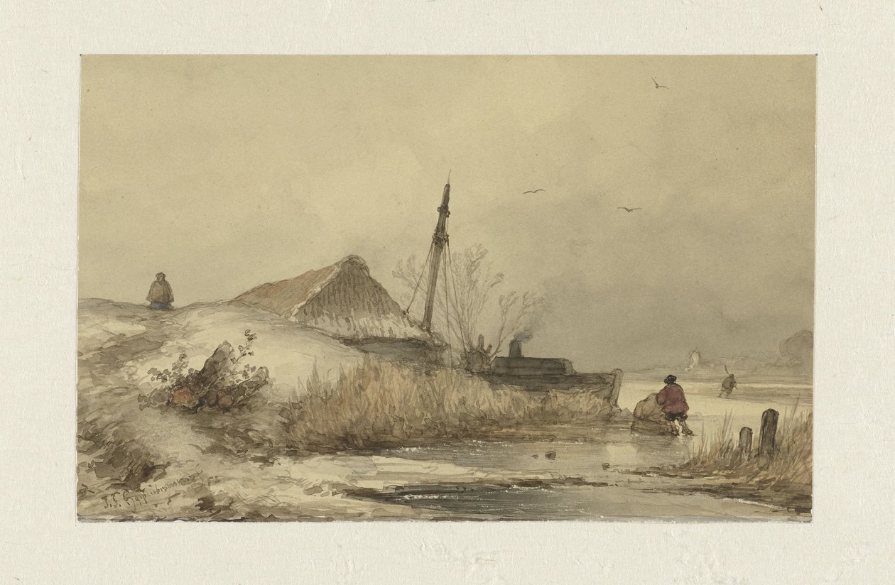 Paisagem de Inverno com casa de campo por vala de Johannes Franciscus Hoppenbrouwers