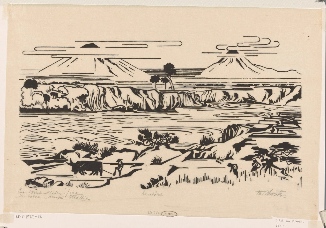 Paisagem, Java Central: Merbaboe, Merapi, rio Ello (título original sobre o objecto) de Johannes Frederik Engelbert ten Klooster (signed by artist)