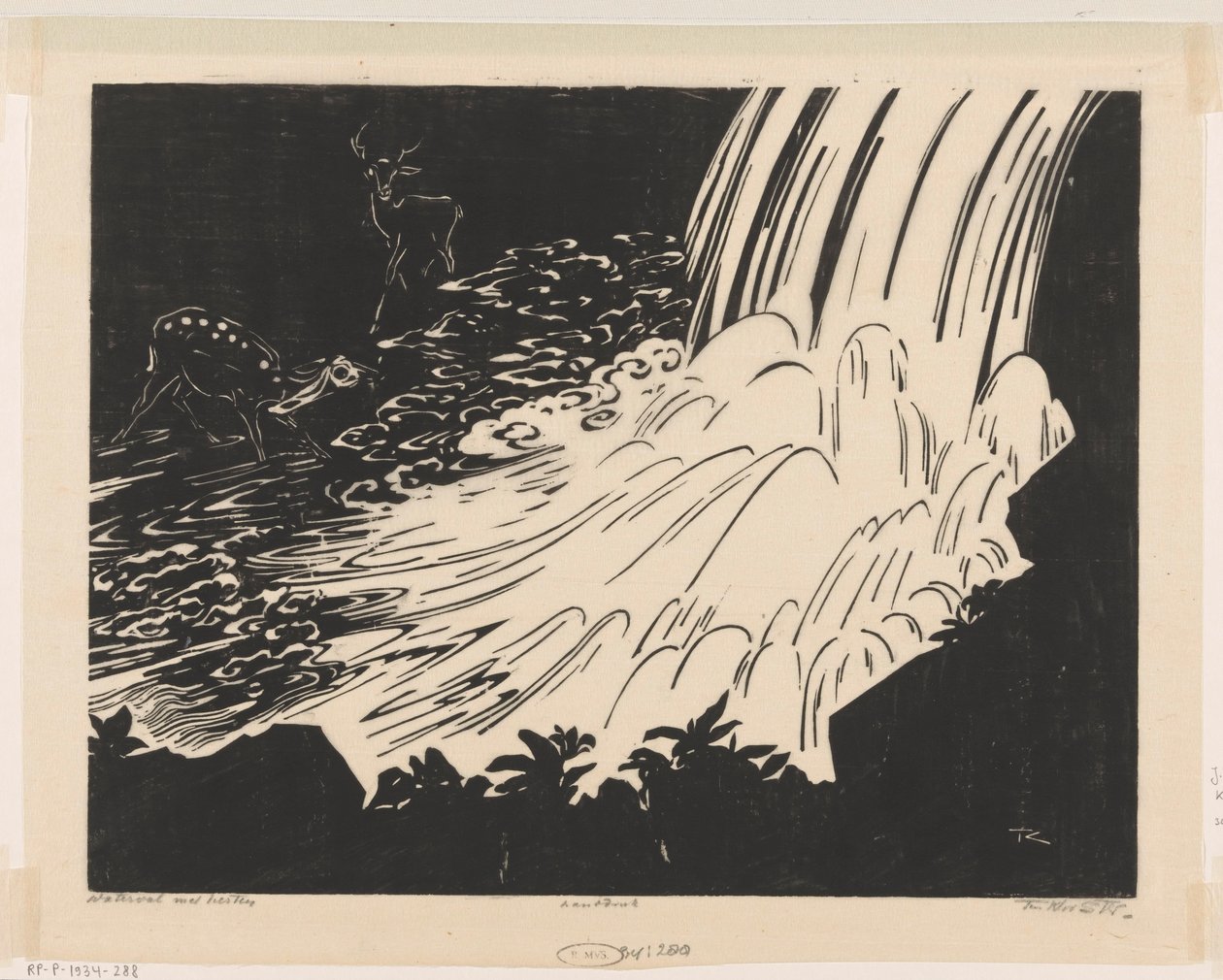 Waterval met herten (título original sobre o objecto) de Johannes Frederik Engelbert ten Klooster (signed by artist)