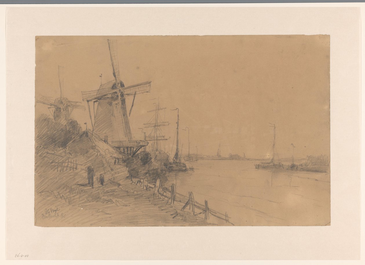 Moinhos de vento perto de Dordrecht ao longo do rio com navios de Johannes Gijsbert Vogel