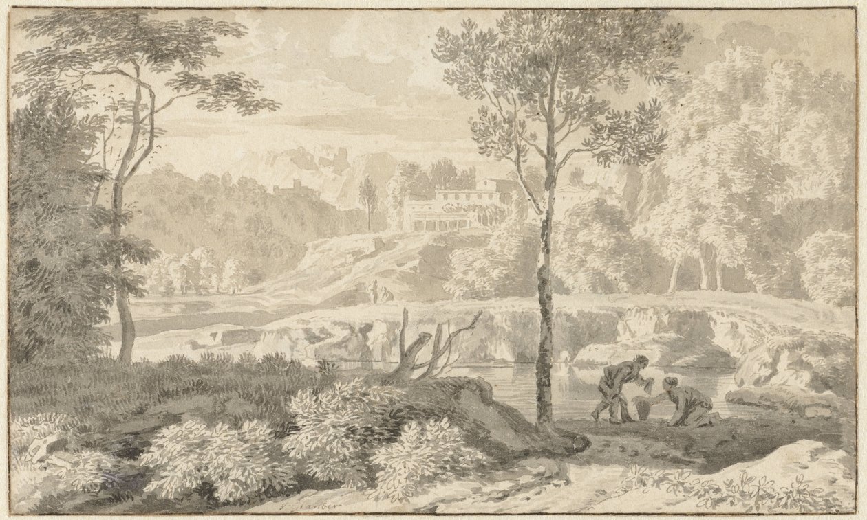 Paisagem Arcadian com figuras por um lago de Johannes Glauber