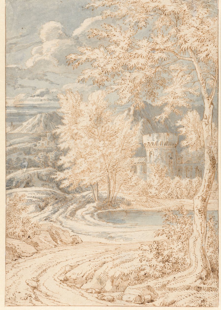 Arcadian Mountain Landscape com uma Torre Redonda de Johannes Glauber