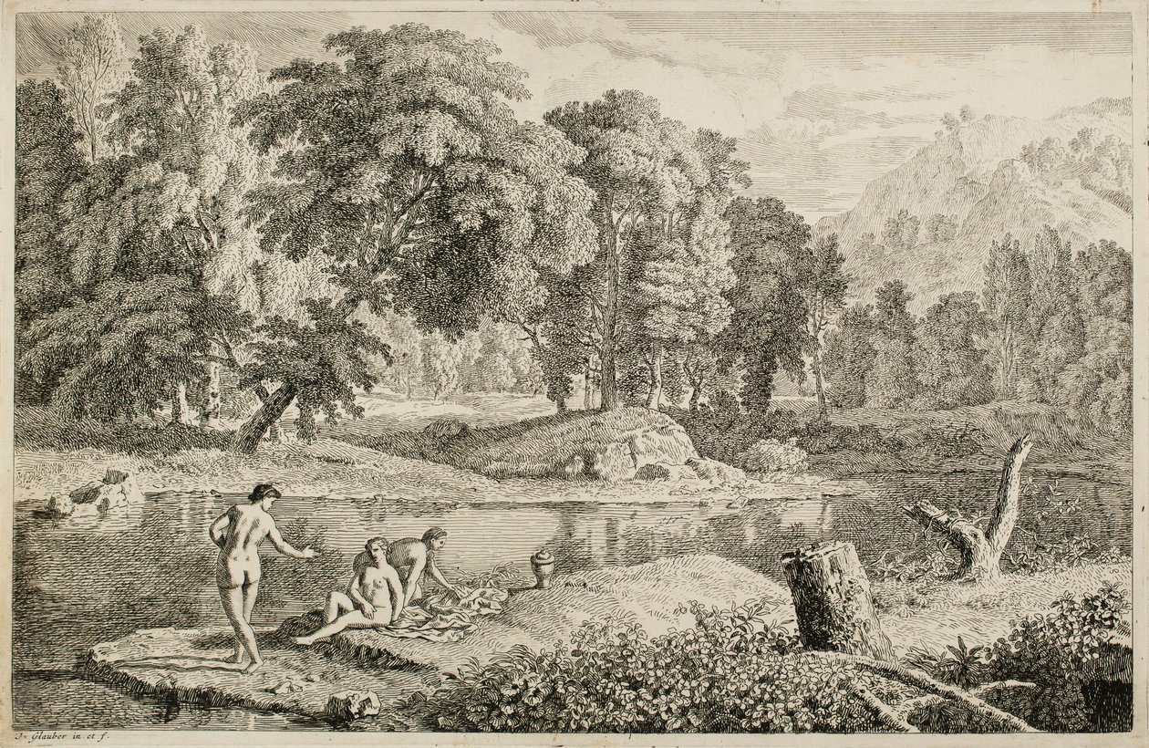 Paisagem arcádica com um rio e três banhistas de Johannes Glauber