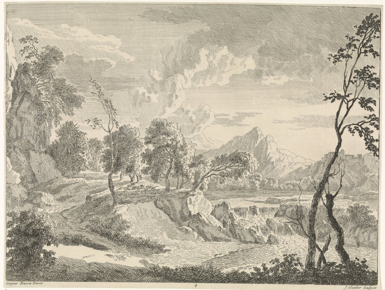 Paisagem montanhosa com queda de água
Paisagens depois de Gaspar Poussin (título da série) de Johannes Glauber