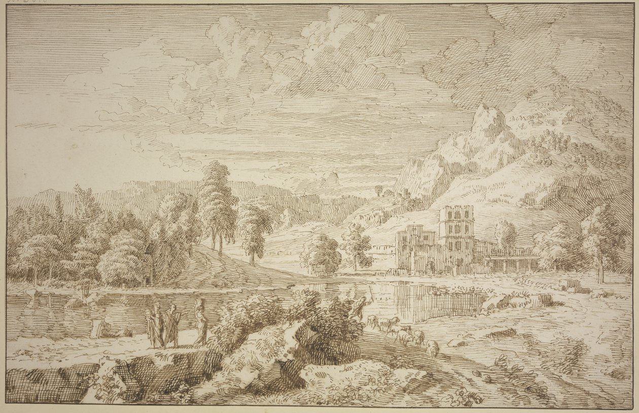 Paisagem italiana com edifício, no caminho um pastor com ovelhas, à esquerda três figuras de Johannes Glauber