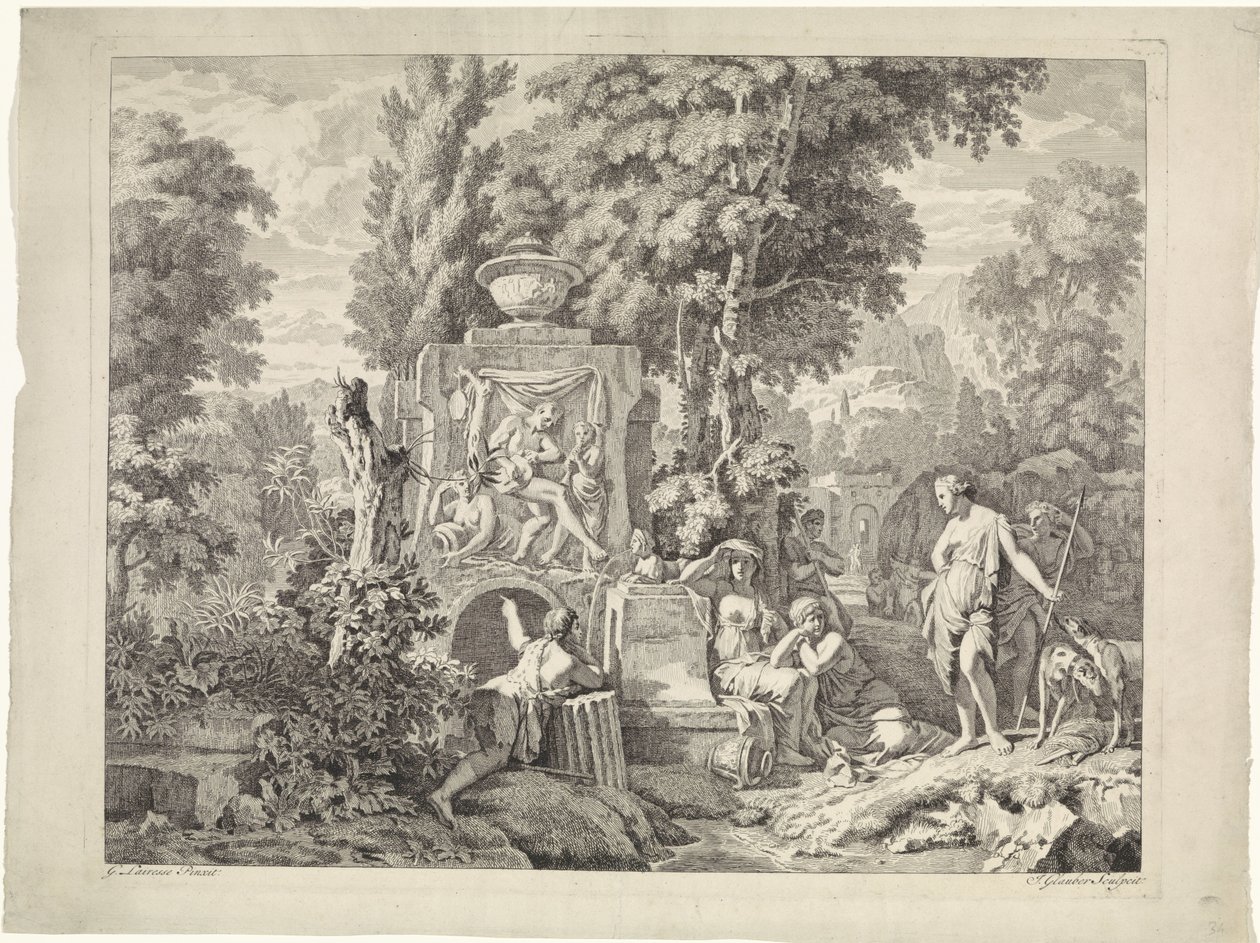 Paisagem com uma fonte e Diana e suas ninfas Representações bíblicas, mitológicas e alegóricas (título da série) de Johannes Glauber