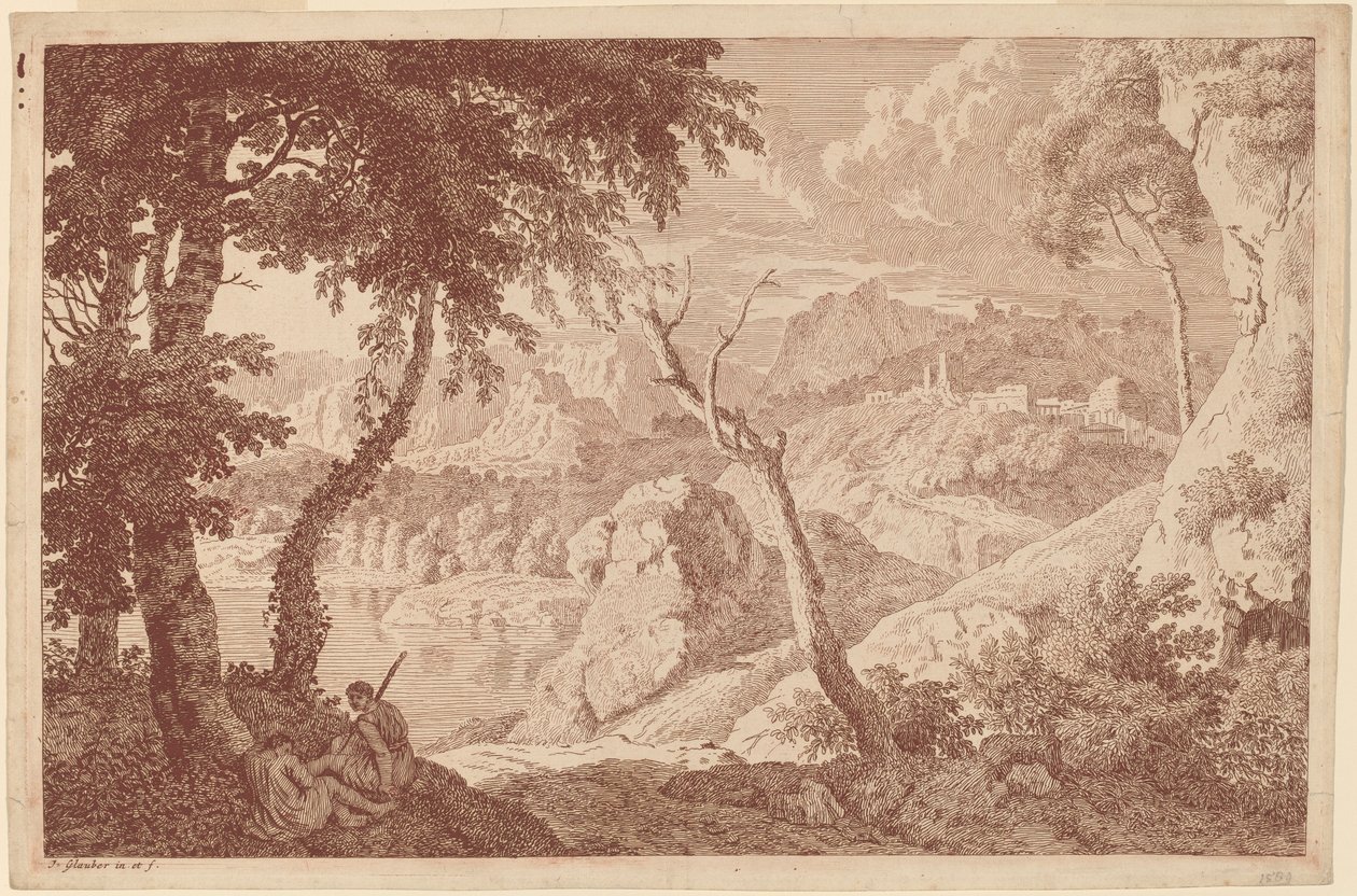 Paisagem de montanha com dois homens descansando de Johannes Glauber