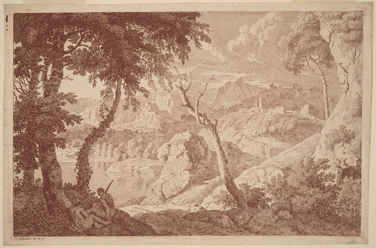 Paisagem montanhosa com dois homens a descansar de Johannes Glauber