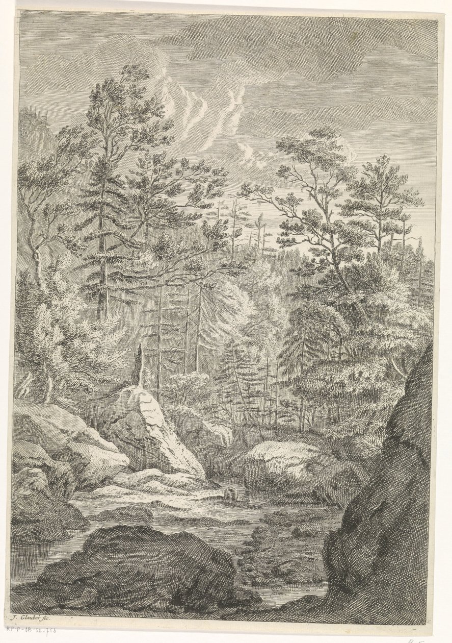 Ravina com árvores e um riacho Paisagens nas Montanhas Chartreuzer (título da série) de Johannes Glauber