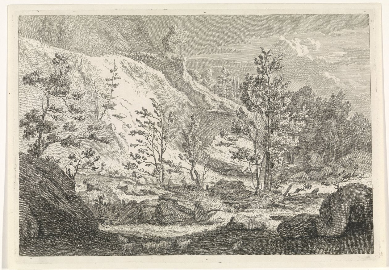 Ravina com um rebanho de ovelhas Paisagens nas Montanhas Chartreuzer (título da série) de Johannes Glauber