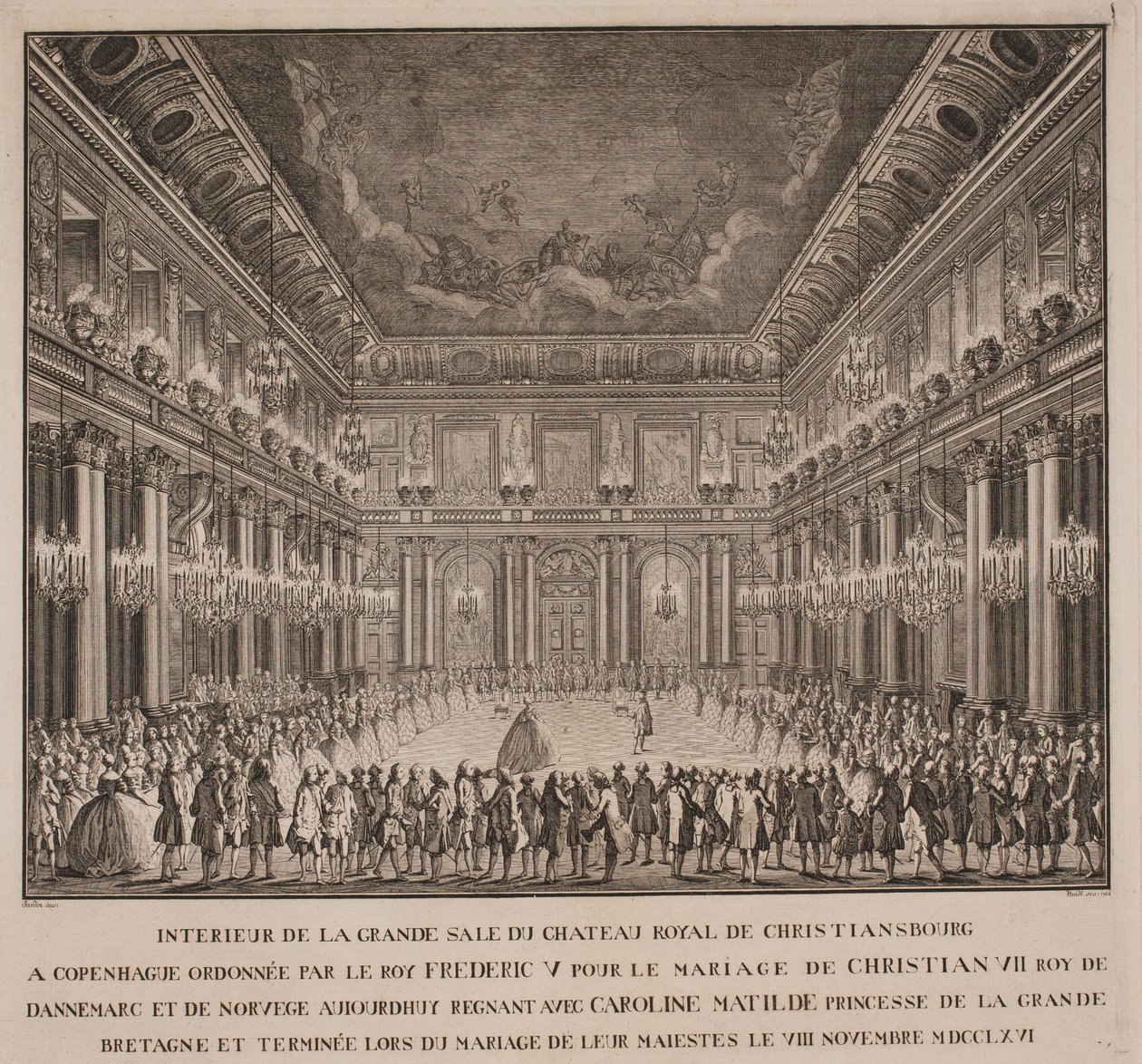A bola da corte no salão de cavaleiros de Christiansborg no casamento de Christian VII com Caroline Mathilde de Johannes Gottfred Bradt