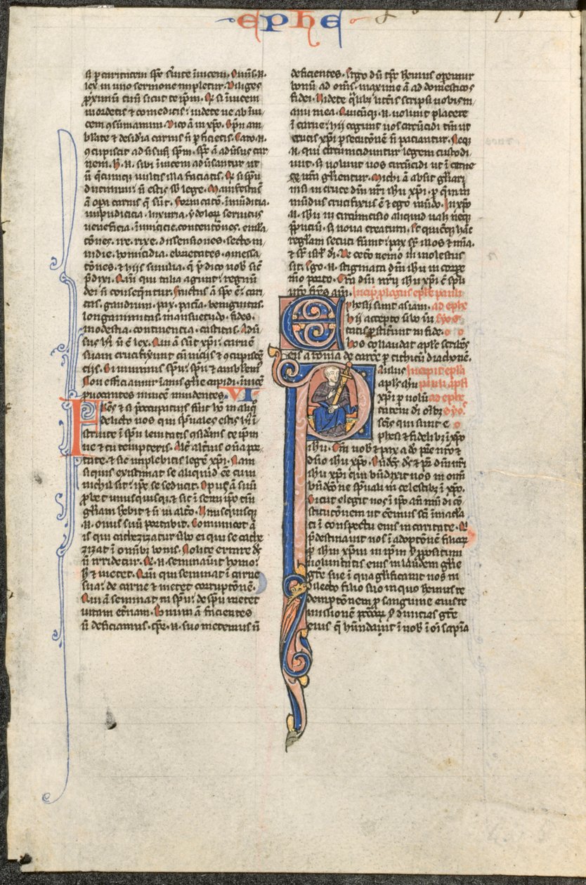 Folha de uma Bíblia latina: P inicial com São Paulo segurando uma espada ..., c. 1250 de Johannes Grusch Atelier