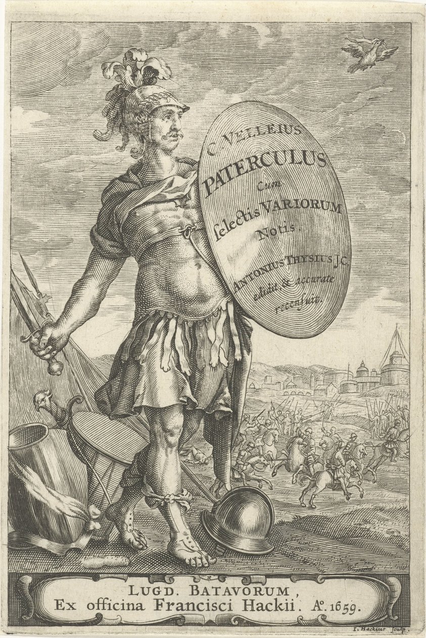 Guerreiro romano em frente a um campo de batalha
Página de título de Caius Velleius Paterculus cum Selectis Variorum Notis, 1659 de Johannes Hackius