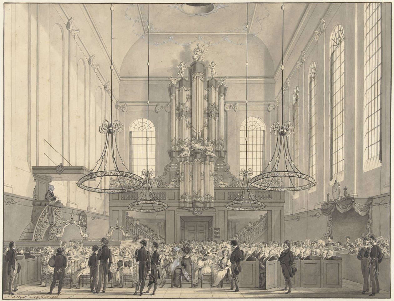 Prof. Dr. van der Palm pregando na igreja luterana em Haia para a família real, 1828 de Johannes Hari (I)