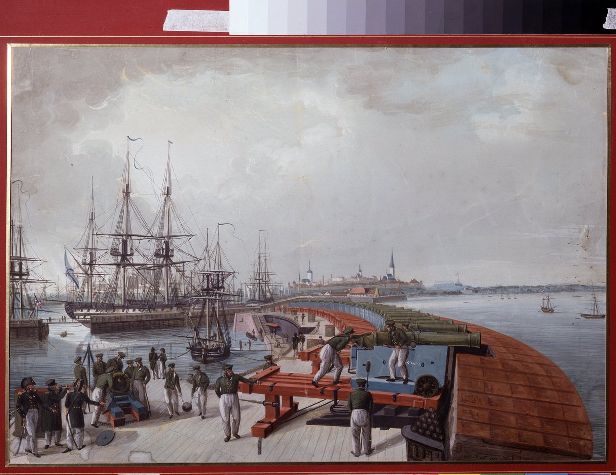 Vista de Reval (agora Tallin (Tallin), Estónia), do Porto e da Artilharia Costeira Russa. Trabalho de Johannes Hau (1771-1838), aguarela sobre papel de Johannes Hau